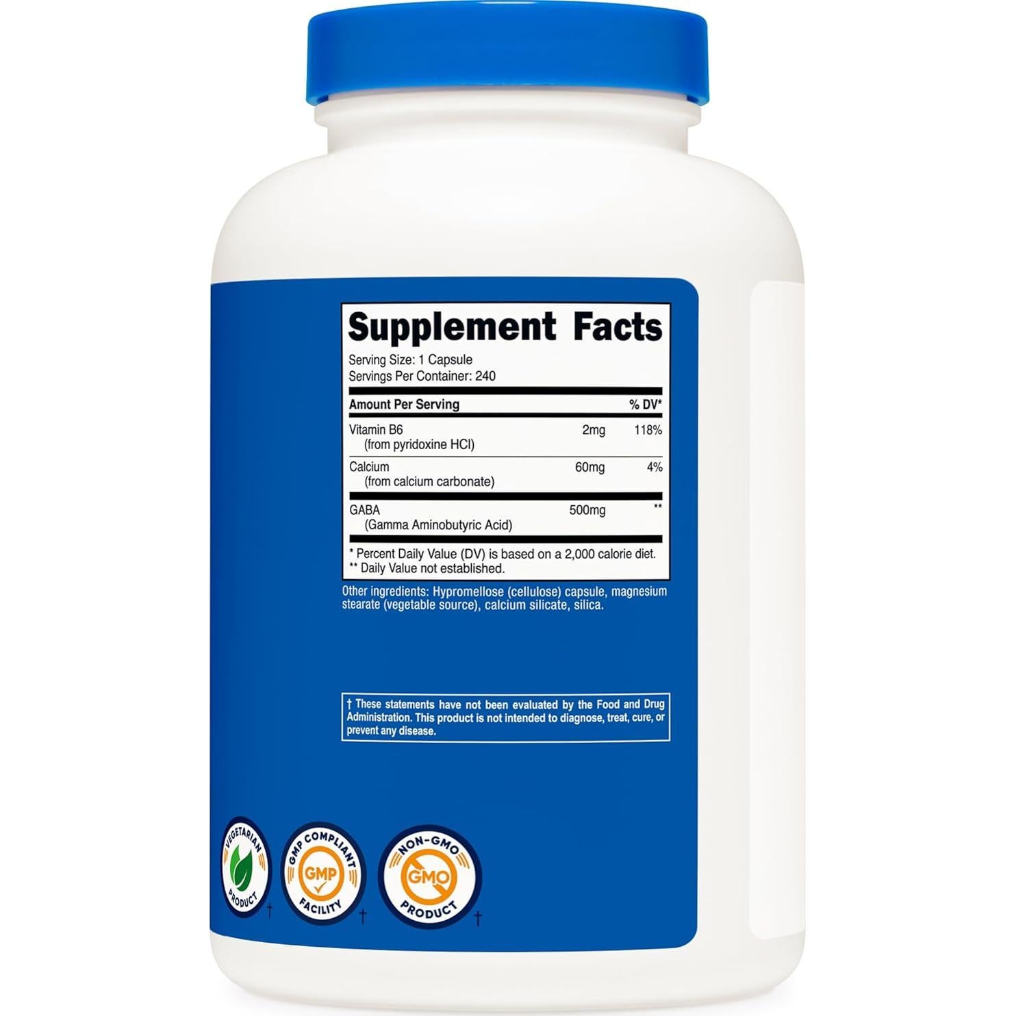 Nutricost GABA 500mg + Vitamina B6 2mg, 240 Cápsulas Veggie