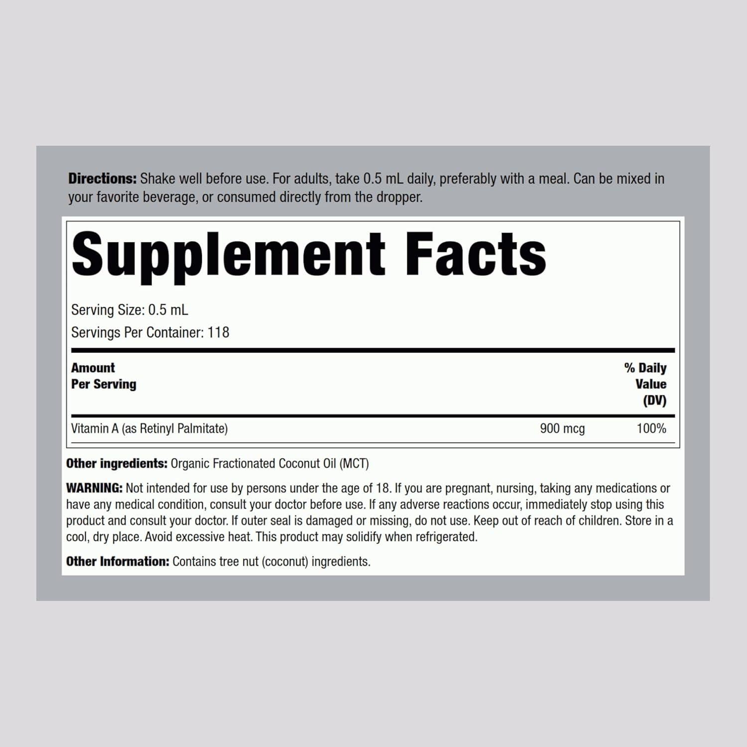 Gotas Líquidas de Vitamina A Piping Rock 60 ml con Aceite MCT