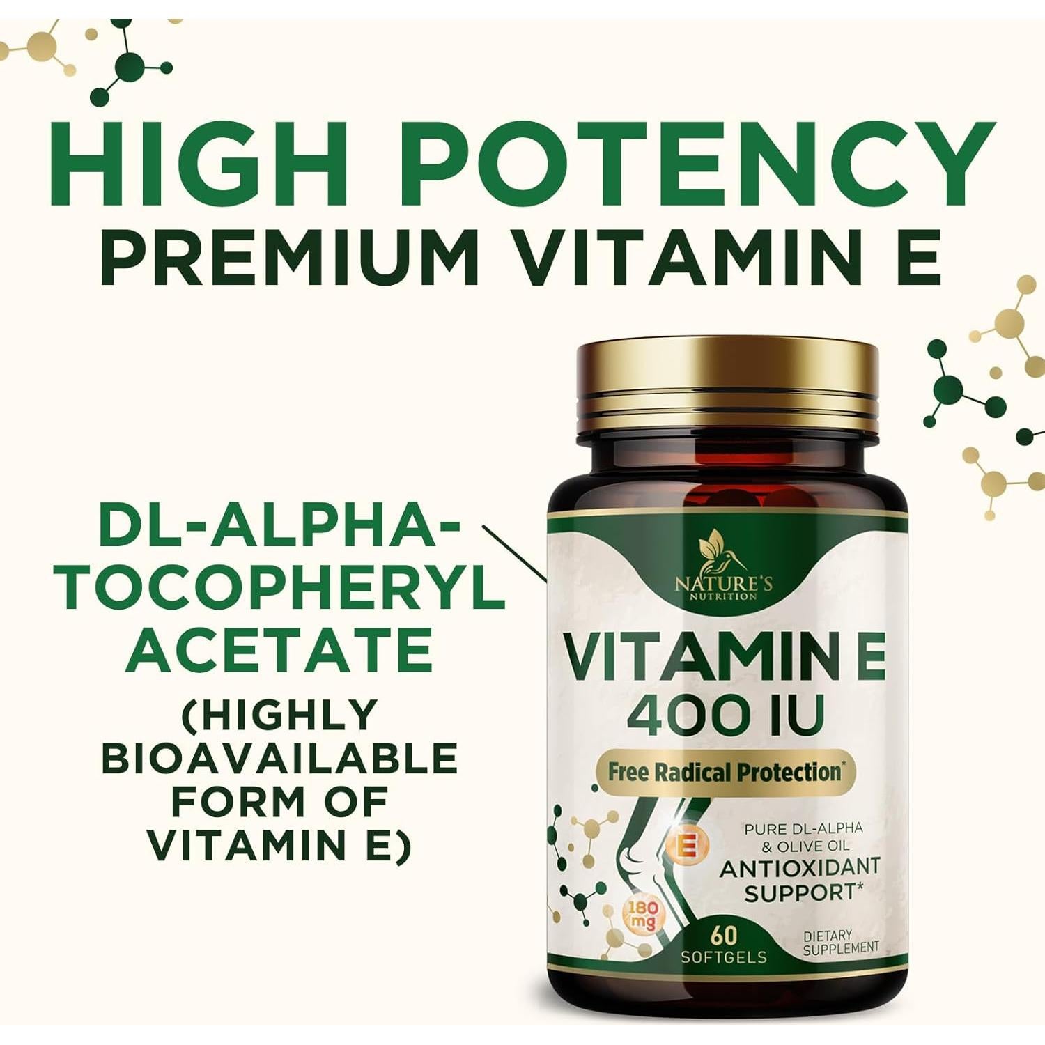 Vitamina E 400 UI Nature's Nutrition - 60 Softgels Antioxidantes