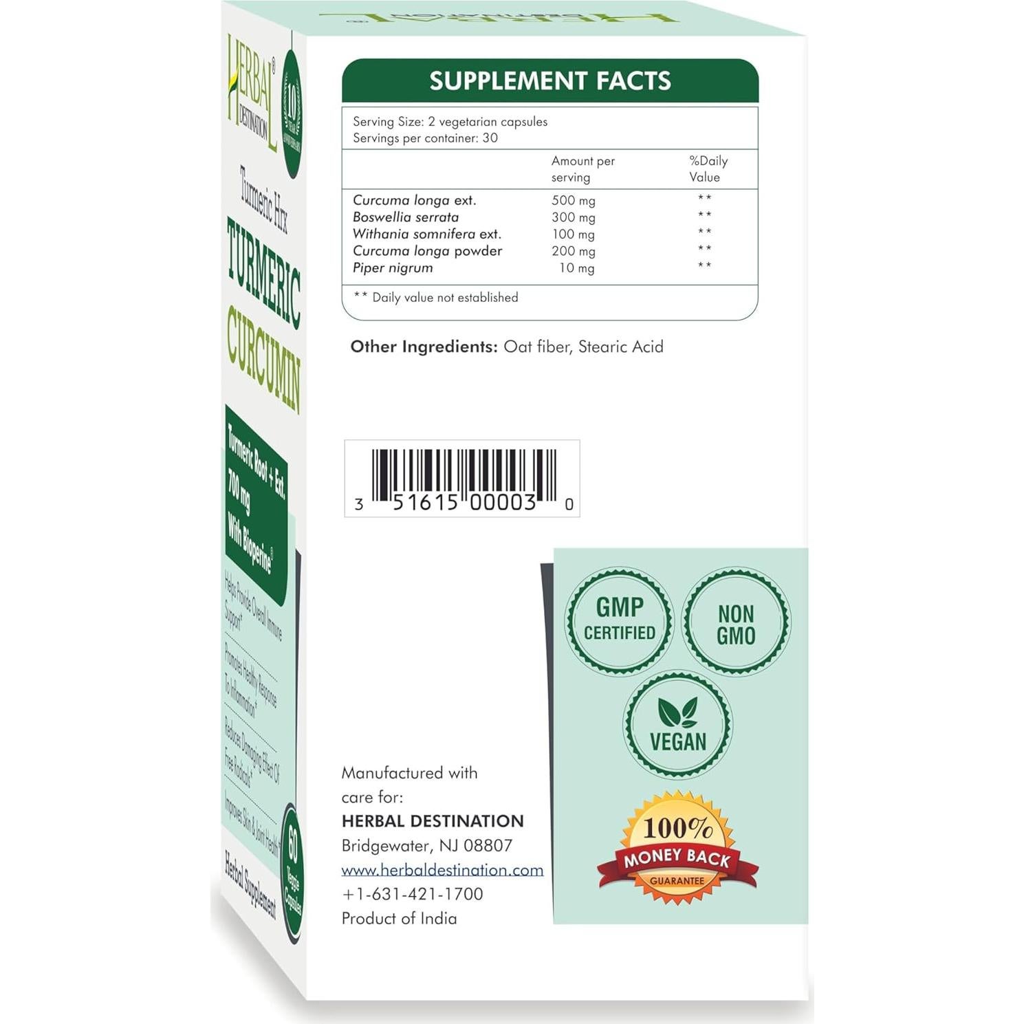 Suplemento de Cúrcuma Herbal Destination - 60 Cápsulas