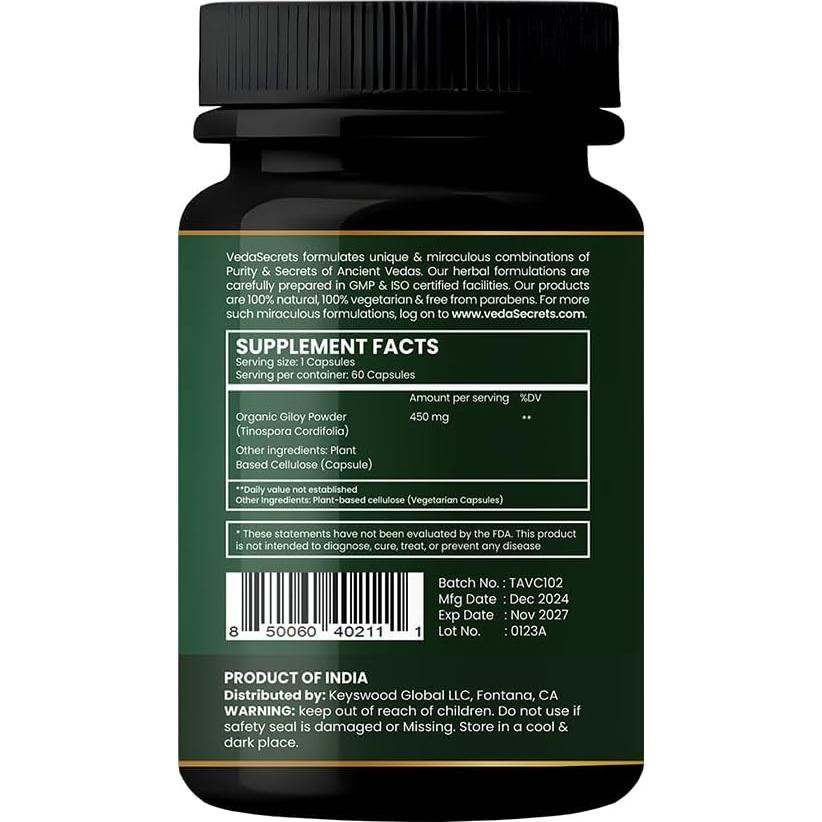 Suplemento Dietético Giloy VedaSecrets - 60 Cápsulas Vegetarianas