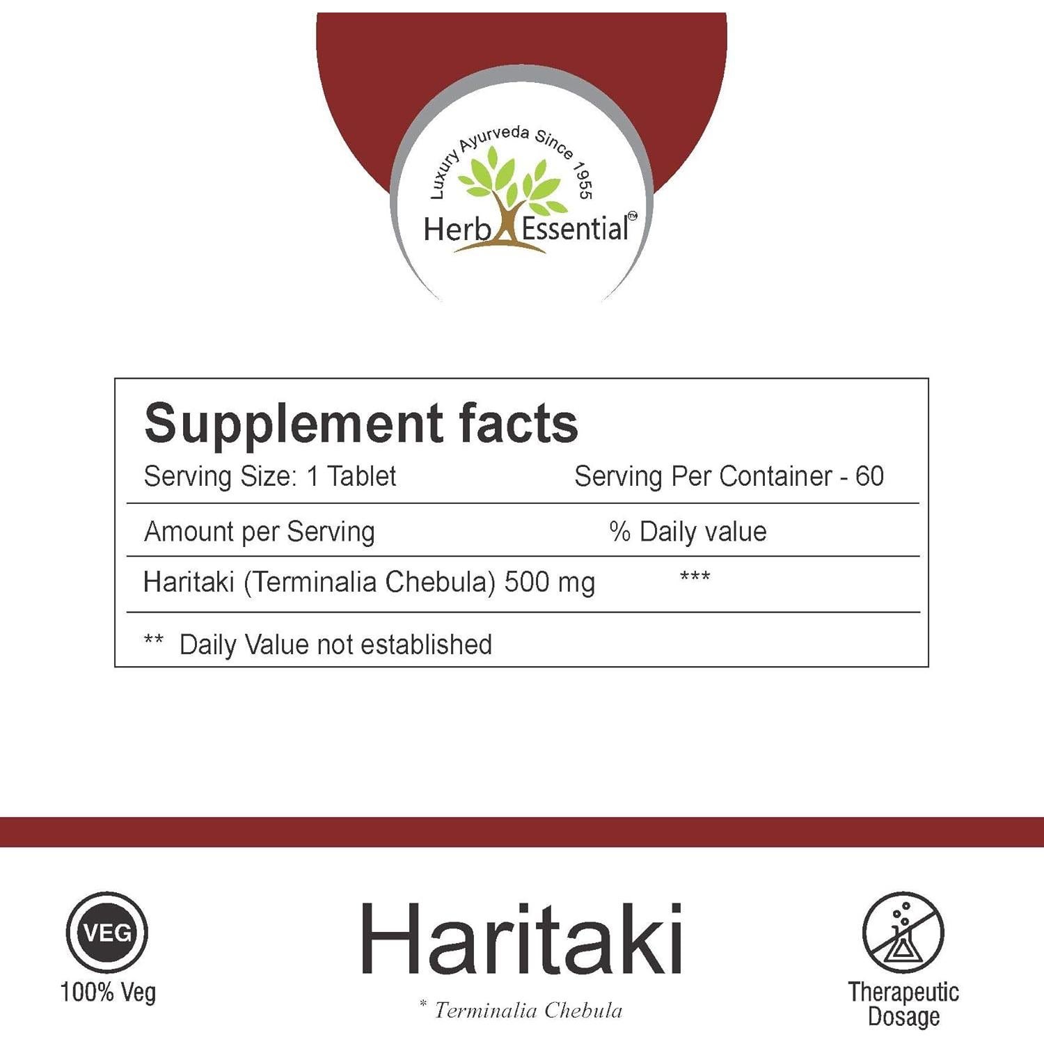 Haritaki Esencial Orgánico 500mg - Suplemento Vegano 60 Tabletas