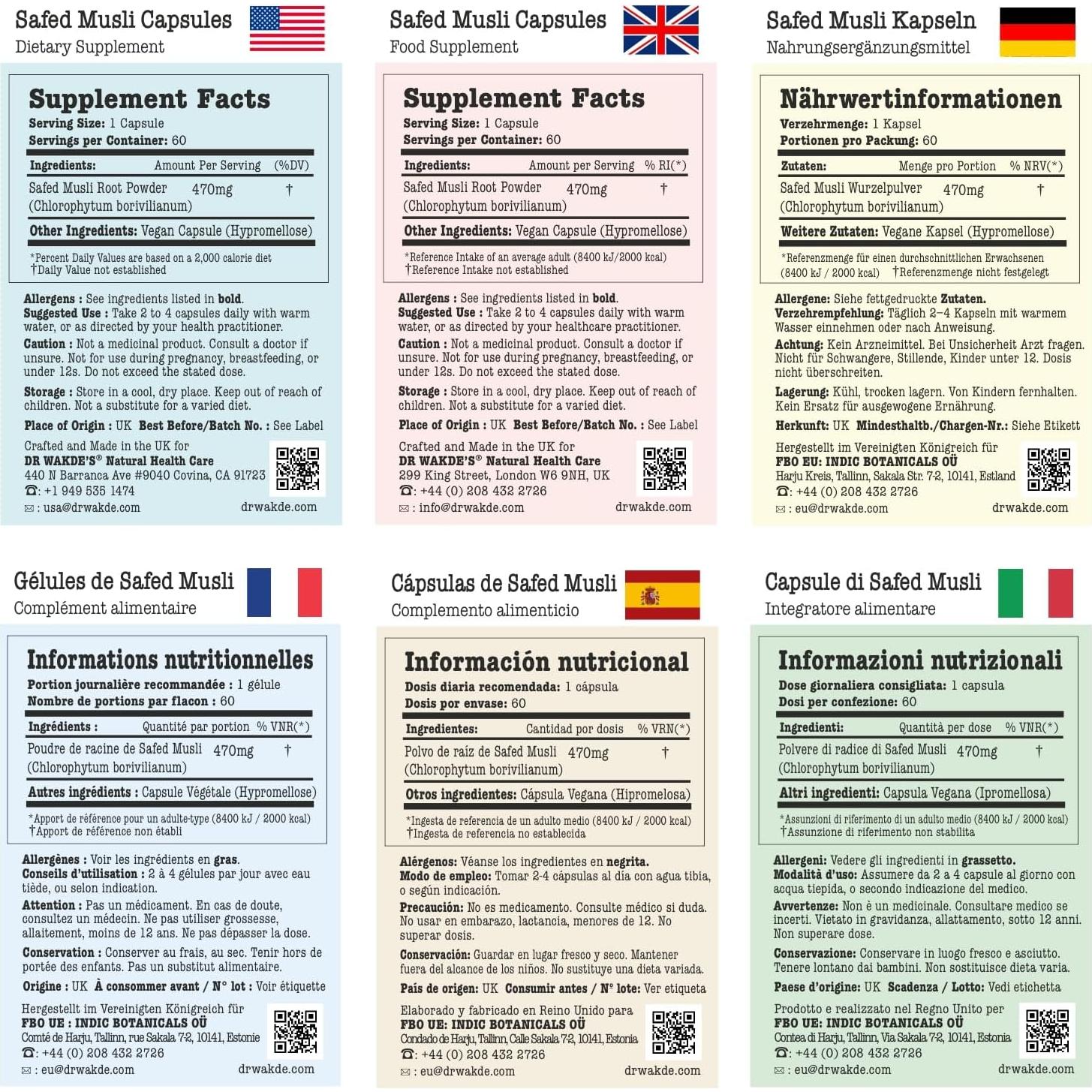 Cápsulas de Safed Musli DR WAKDE 60 Veganas 500 mg