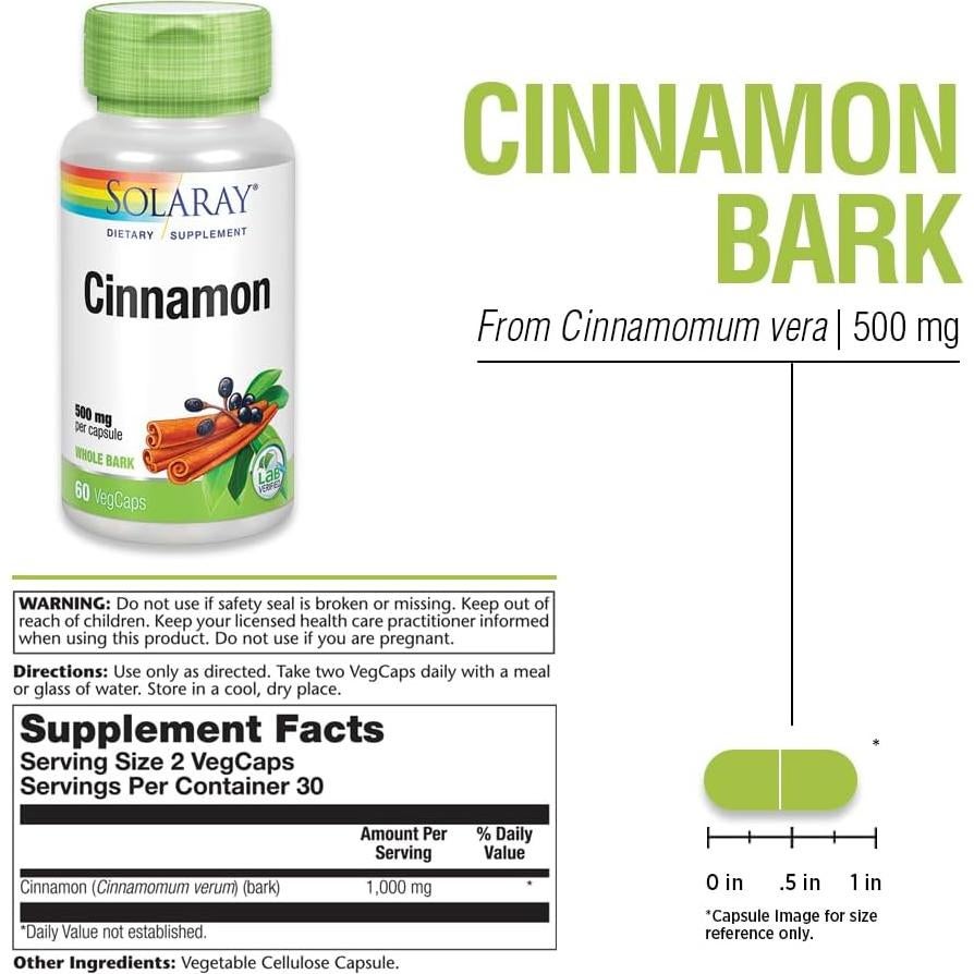 Cápsulas de Canela Solaray 1000mg - Suplemento Vegano 60 VegCaps