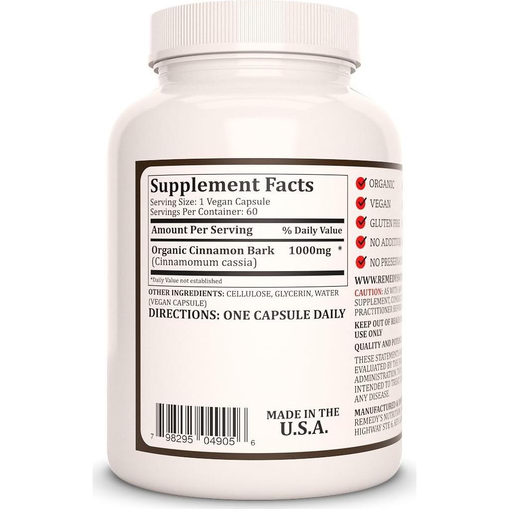 Suplemento de Canela Ceylon Remedy's Nutrition 1000 mg 60 Cápsulas Veganas