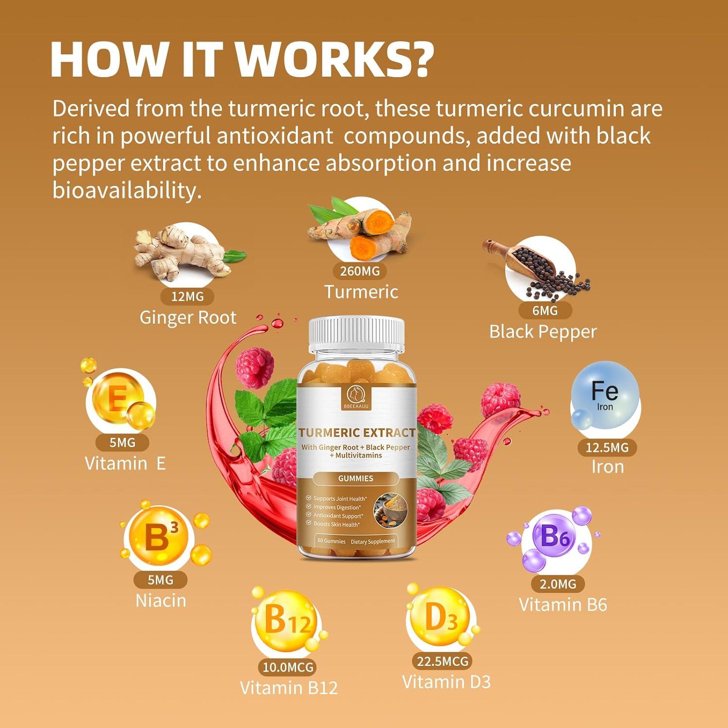 Suplemento de Cúrcuma BBEEAAUU 120 Gomitas Sabor Frambuesa
