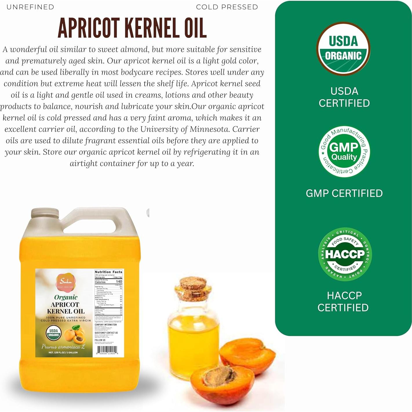 Aceite de Hueso de Albaricoque Orgánico SULU 3.785L Prensado en Frío