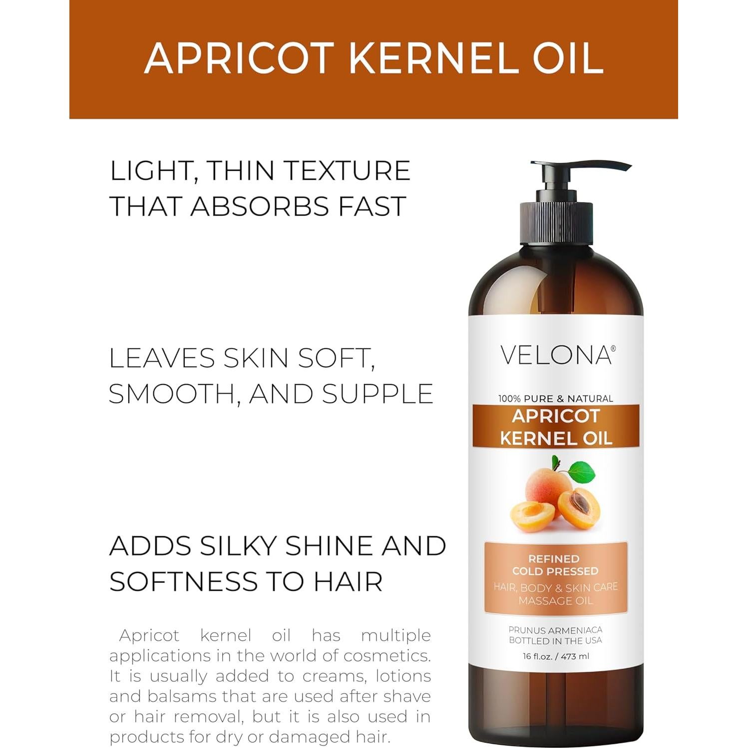 Aceite de Hueso de Albaricoque Velona 473 ml - 100% Puro y Natural