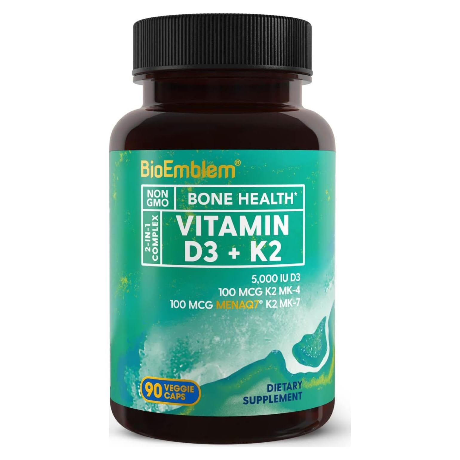 Cápsulas de Vitamina D3 K2 BioEmblem 5000UI 200mcg - 90 Unidades