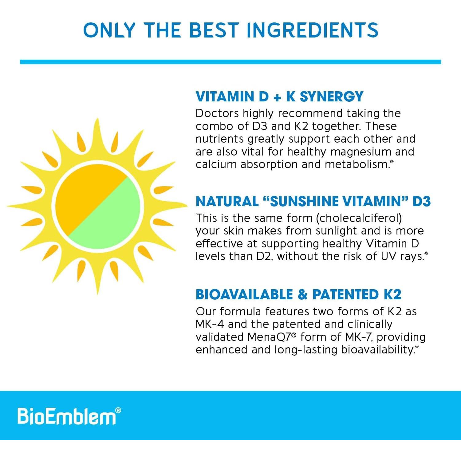 Cápsulas de Vitamina D3 K2 BioEmblem 5000UI 200mcg - 90 Unidades