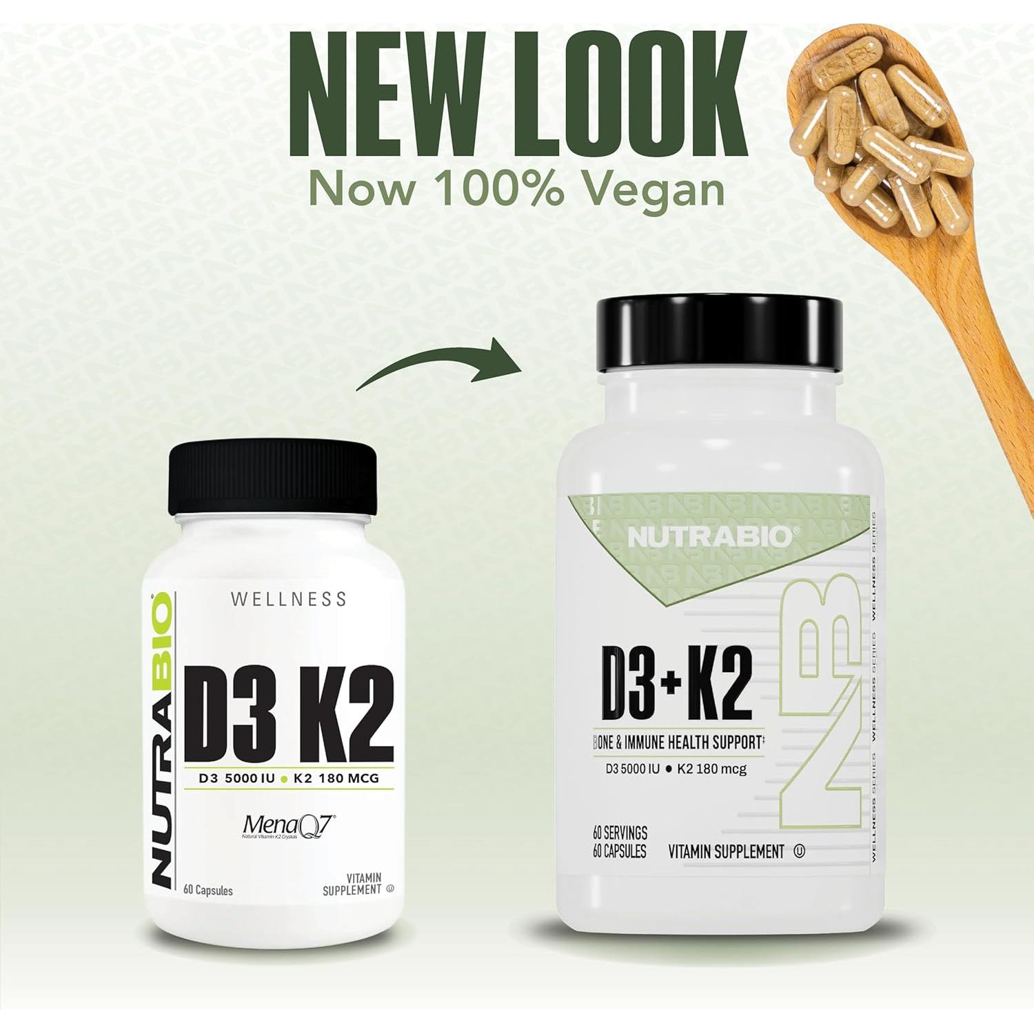 NutraBio Vitamina D3 K2 5000 UI y 180 mcg - 60 Cápsulas