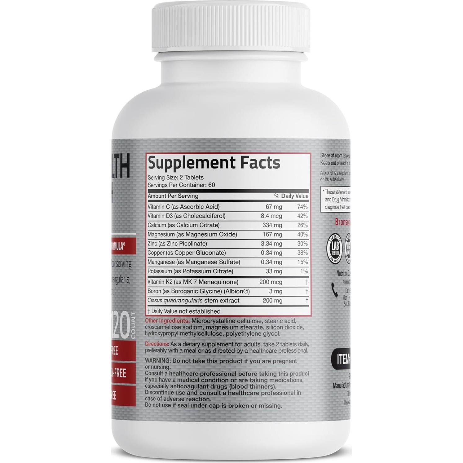 Suplemento Bronson de Vitamina K2 200 MCG + Calcio 120 Tabletas