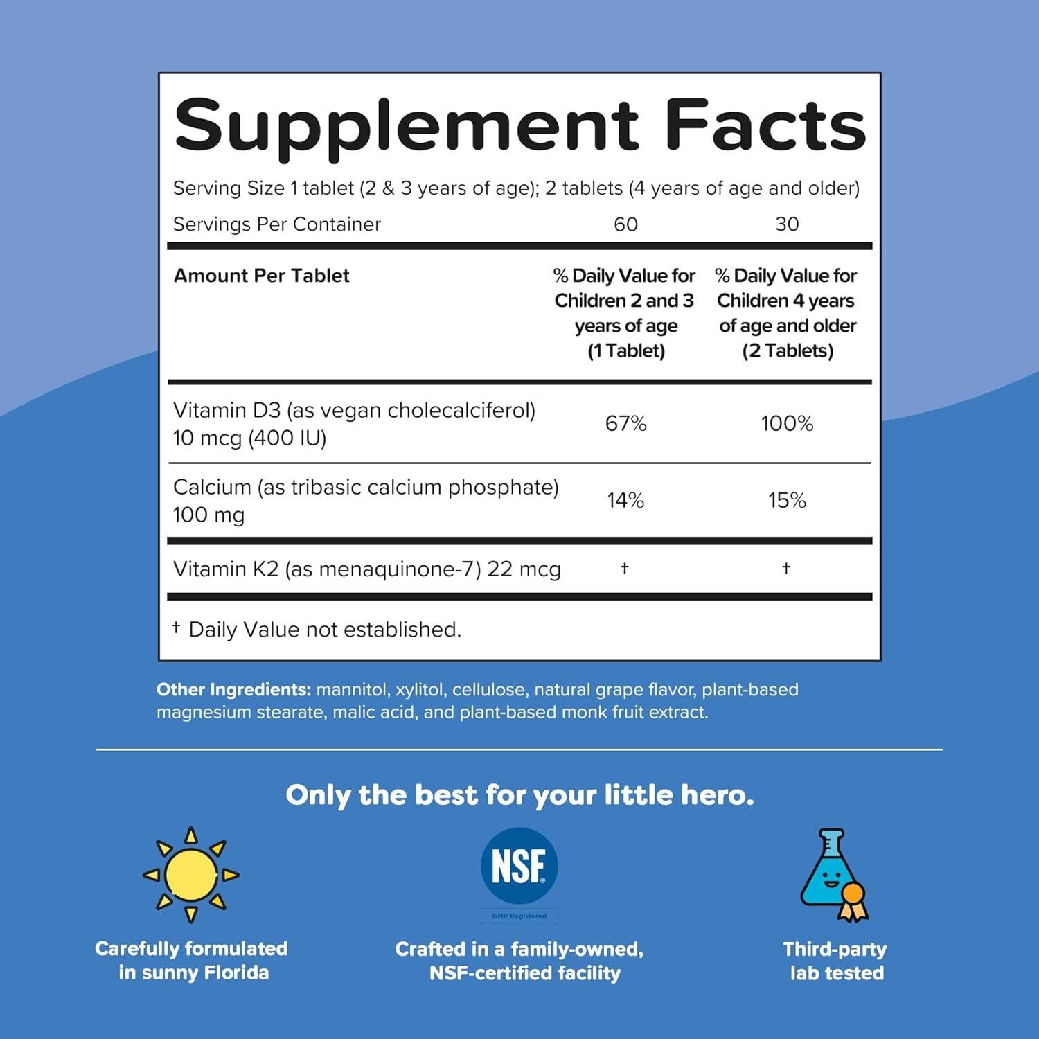 Suplemento de Calcio Hercules Renzo con Vitamina D3 y K2 - 60 Tabletas Melty Sabor Uva