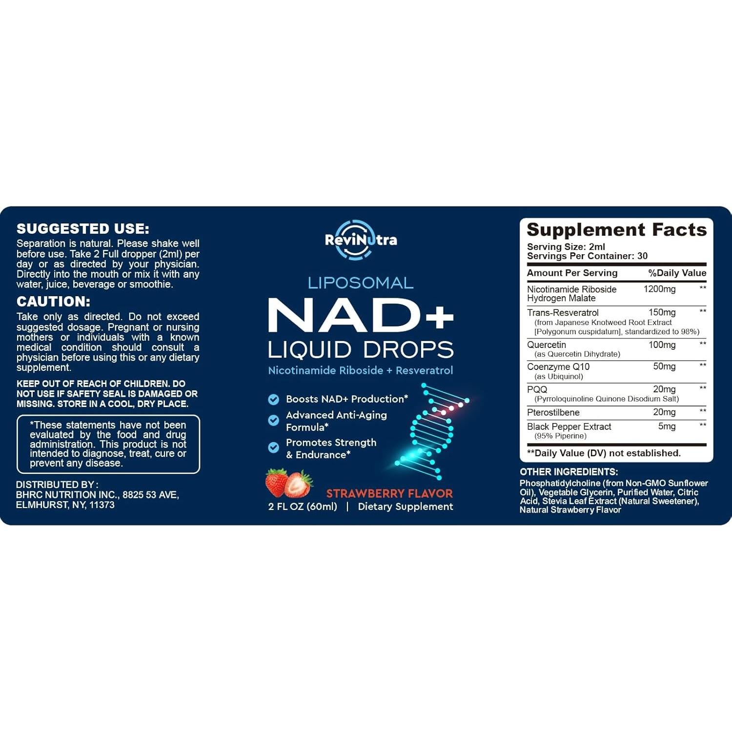 Suplemento Liposomal de NAD+ ReviNutra 1200mg Fresa 59.15ml