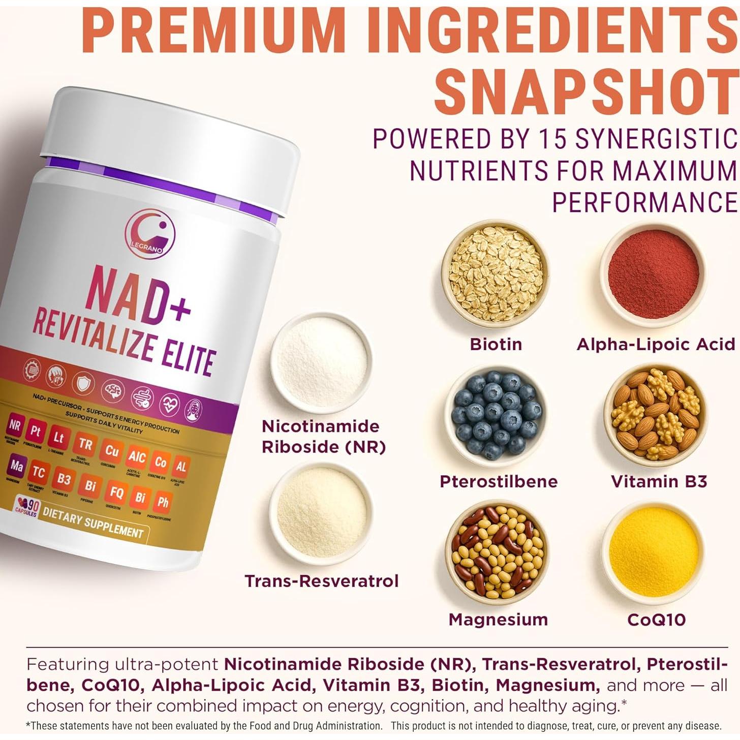 Suplemento NAD+ LEGRANO 90 Cápsulas Veganas Ribósido ALA CoQ10
