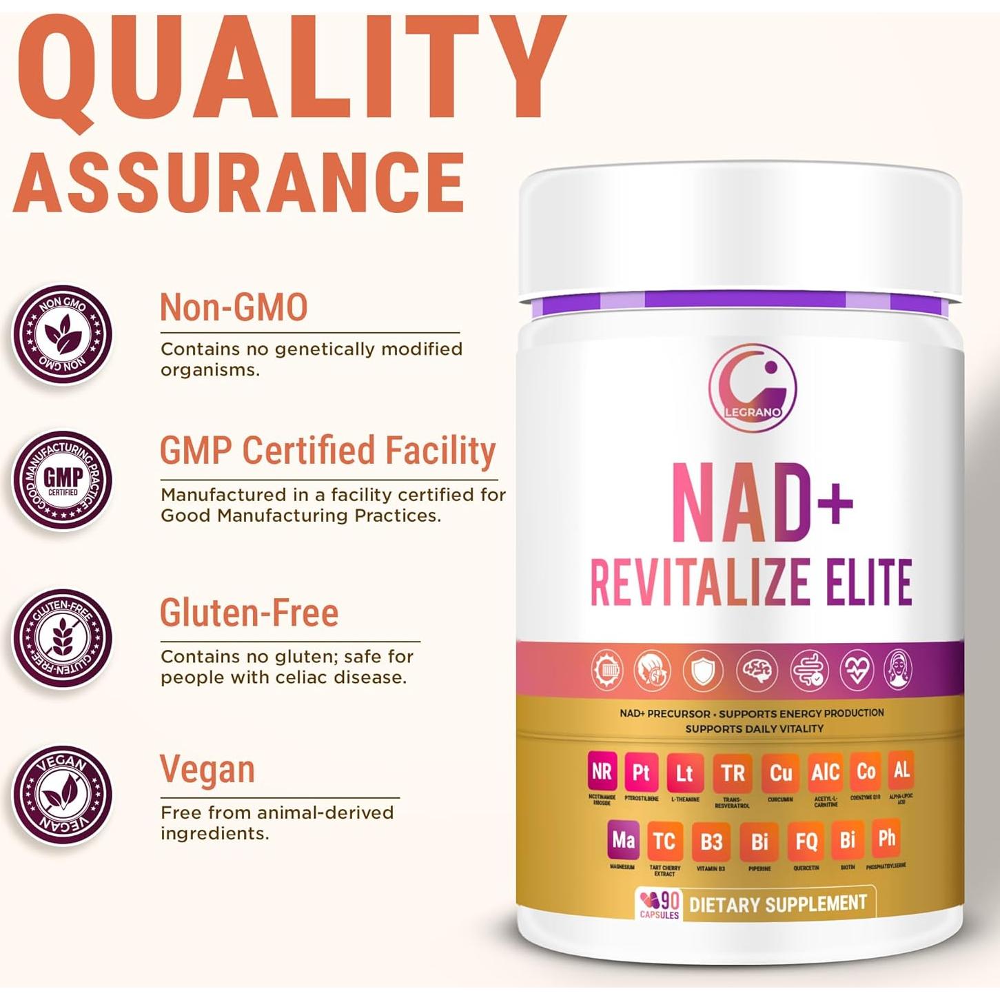 Suplemento NAD+ LEGRANO 90 Cápsulas Veganas Ribósido ALA CoQ10