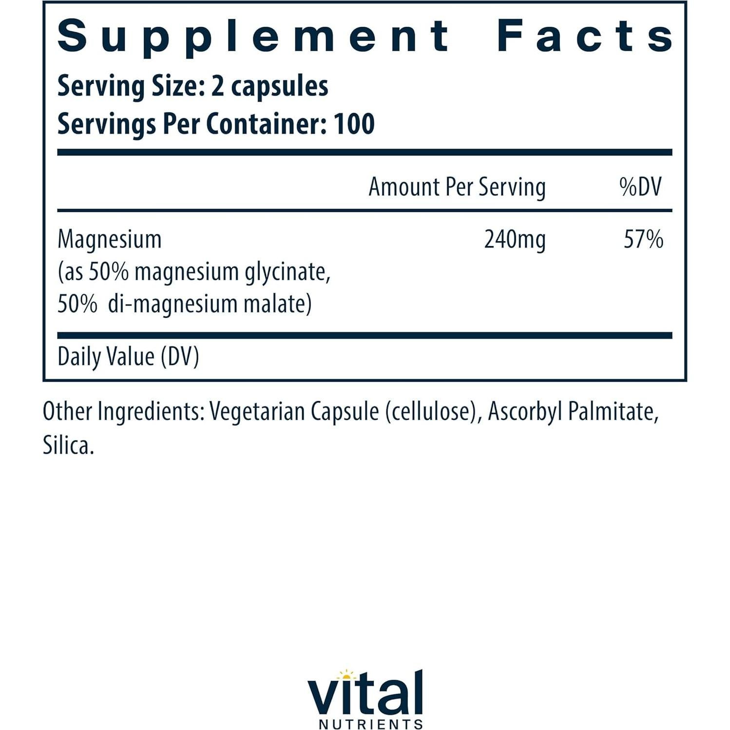 Suplemento de Magnesio Glicinato + Malato Vital Nutrients 200 Cápsulas