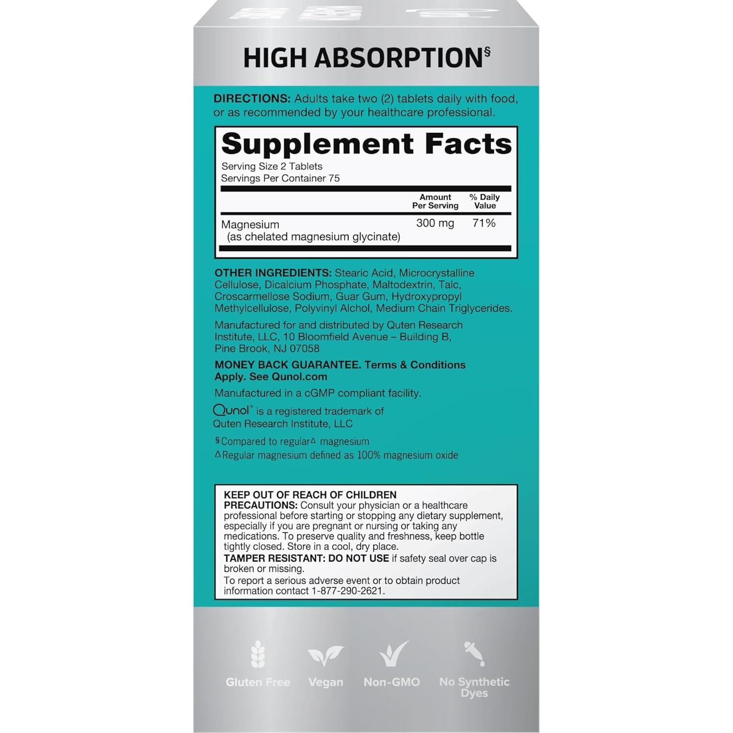 Suplemento de Magnesio Glicinato Qunol 300mg 150 tabletas