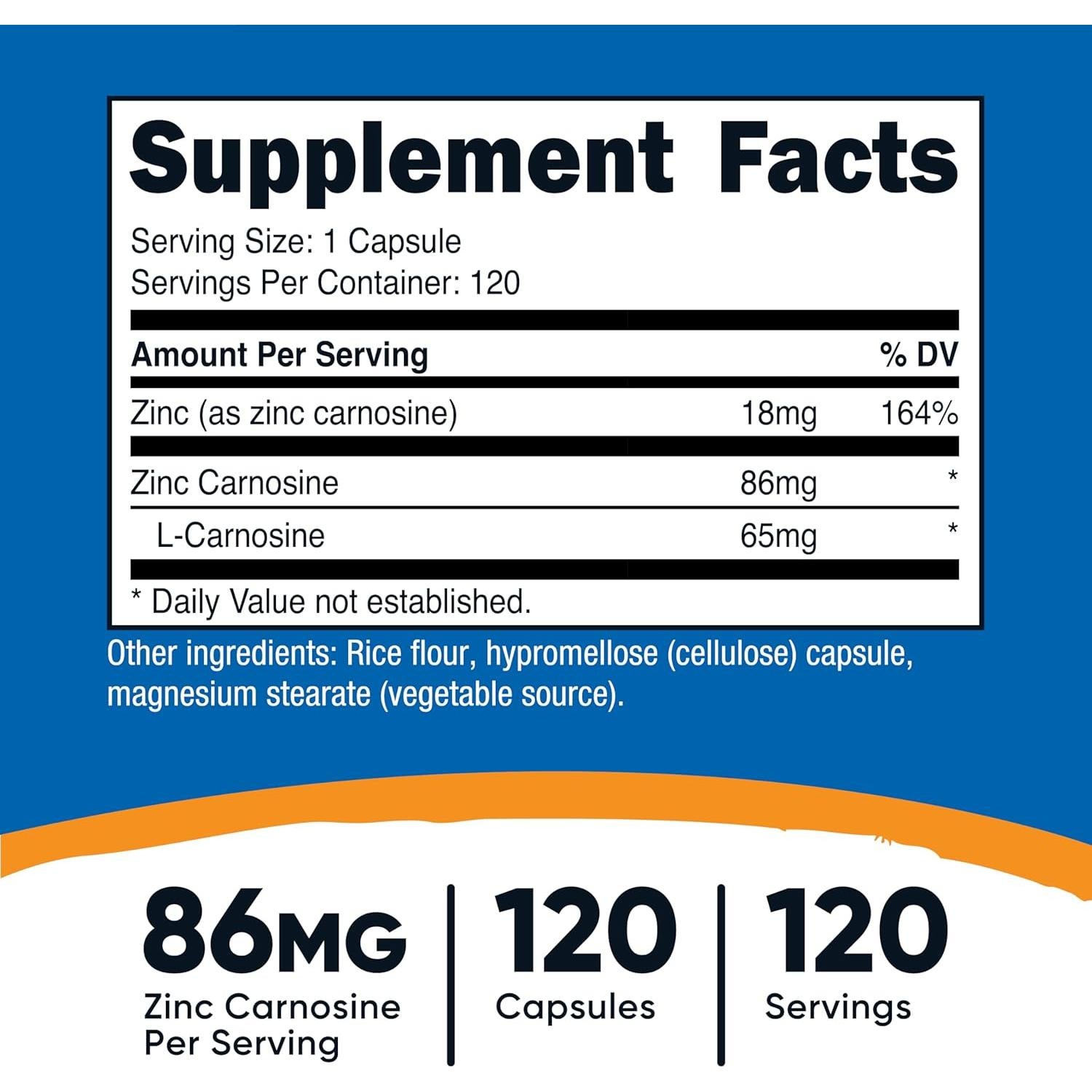 Nutricost Zinc Carnosina 86mg - 120 Cápsulas Vegetariano