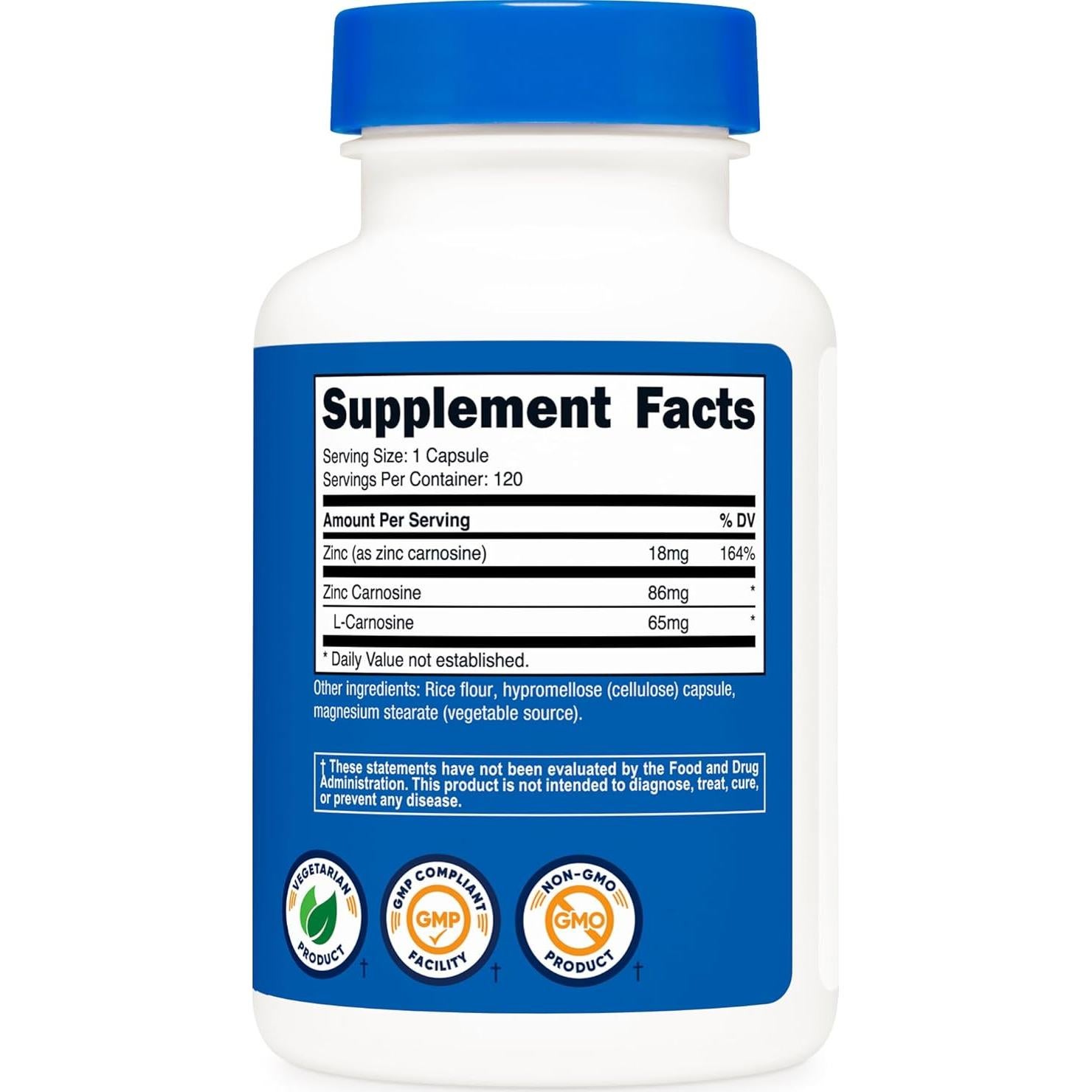 Nutricost Zinc Carnosina 86mg - 120 Cápsulas Vegetariano