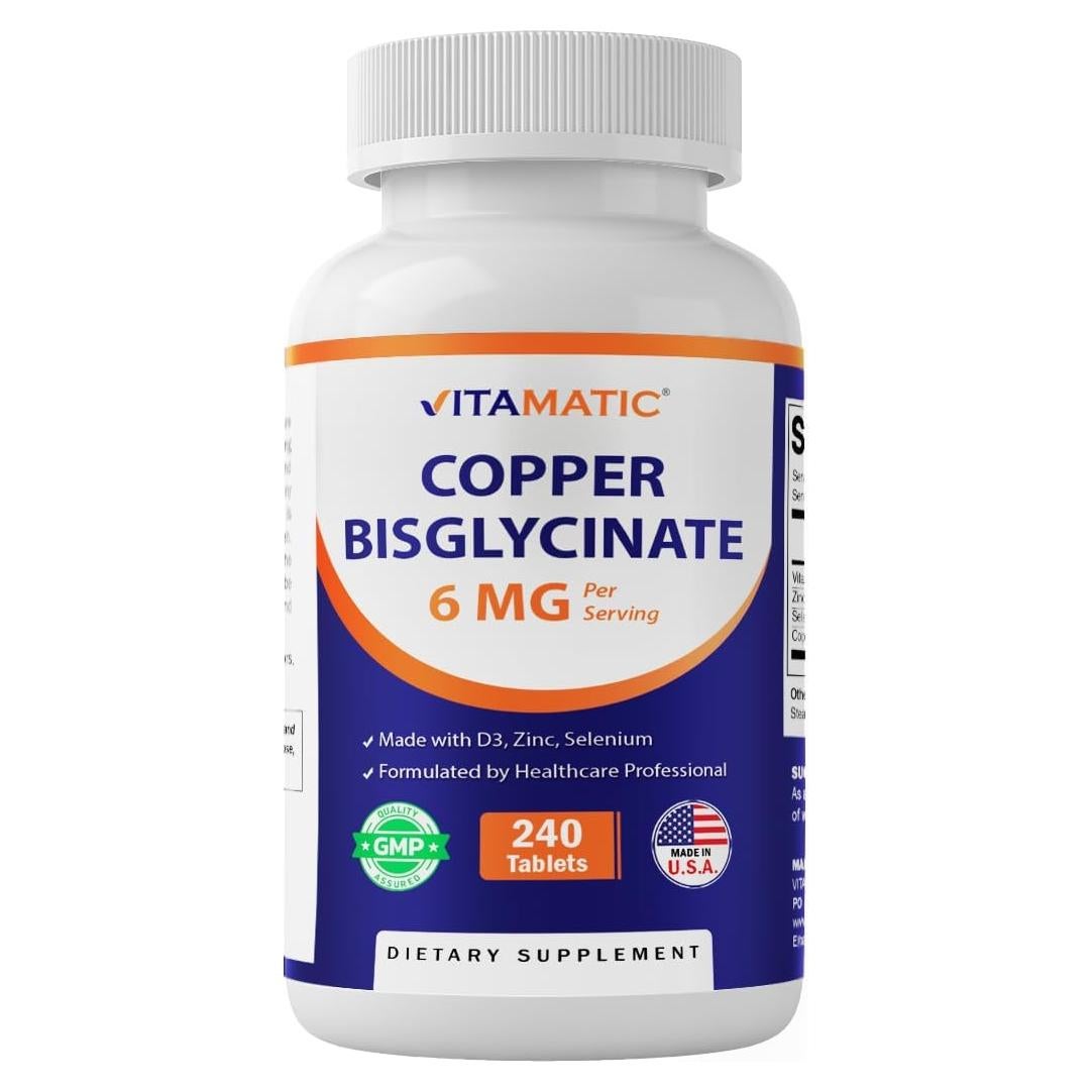 Suplemento Vitamatic Cobre Bisglicinato 6 mg + D3 2000 UI + Zinc 50 mg + Selenio 50 mcg - 240 Tabletas