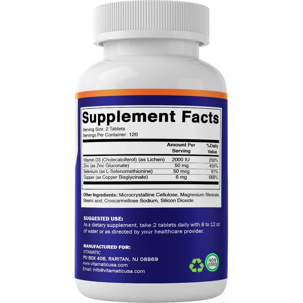 Suplemento Vitamatic Cobre Bisglicinato 6 mg + D3 2000 UI + Zinc 50 mg + Selenio 50 mcg - 240 Tabletas