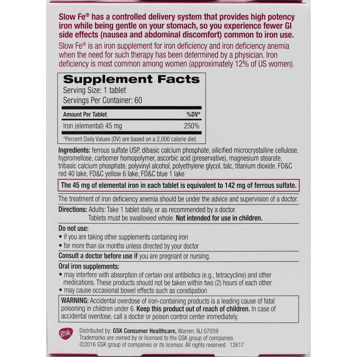 Slow Fe Hierro 45 mg Liberación Lenta 60 Tabletas