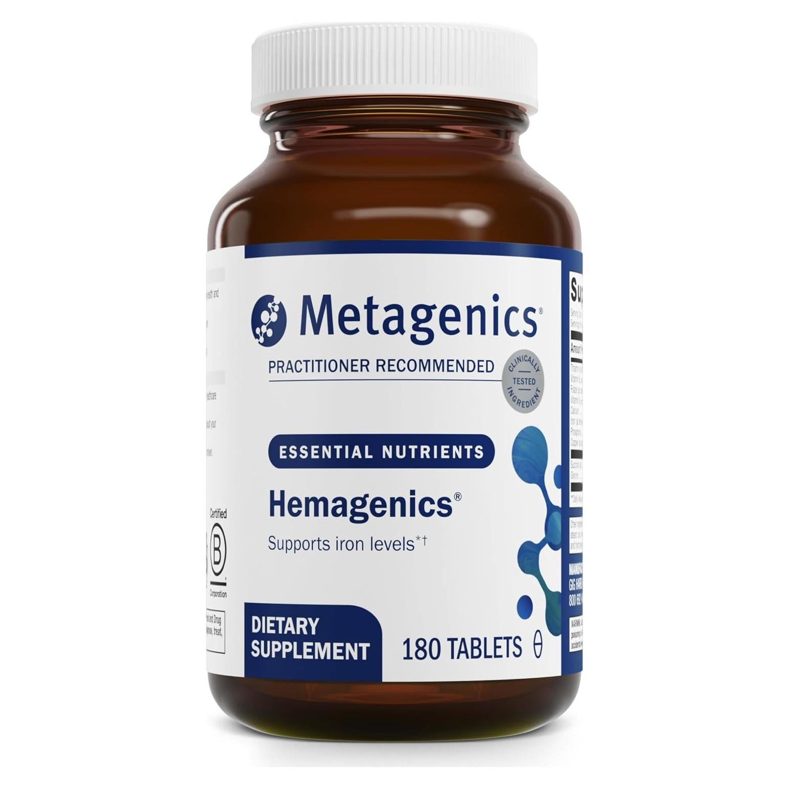 Suplemento de Hierro Metagenics Hemagenics 180 Tabletas B12 B6 Folato