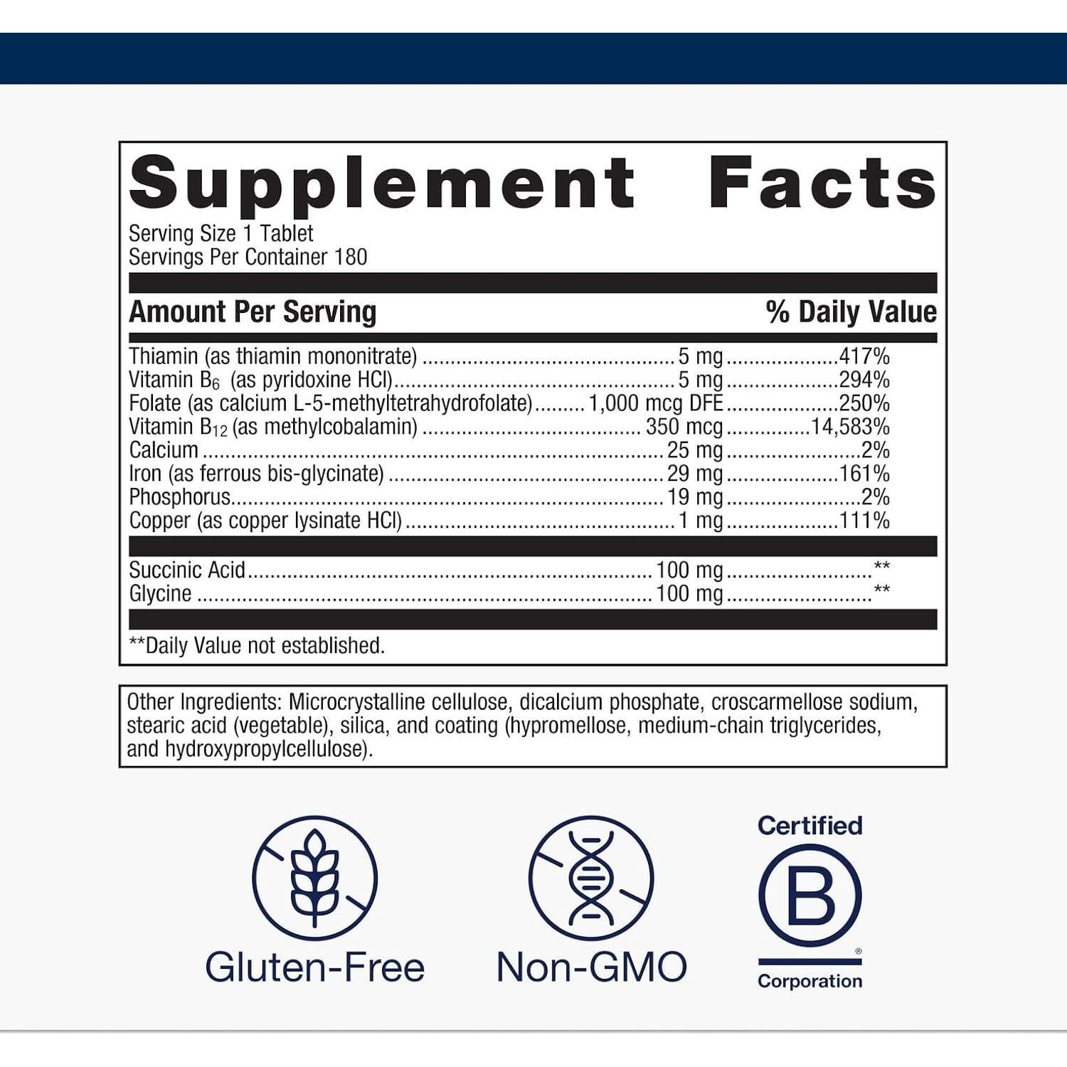 Suplemento de Hierro Metagenics Hemagenics 180 Tabletas B12 B6 Folato