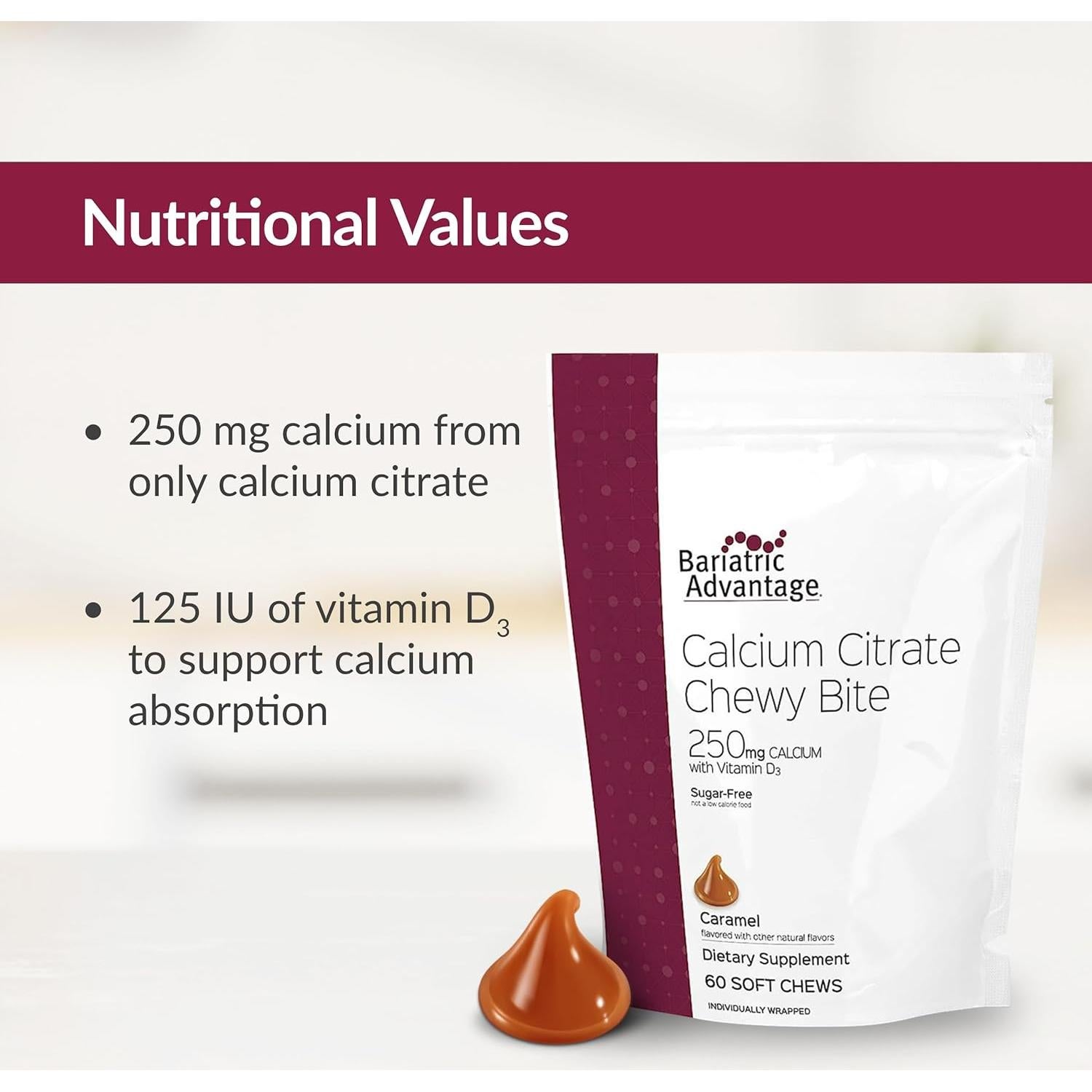 Bocados Masticables de Calcio Bariatric Advantage 250 mg con D3 - 60 Unidades