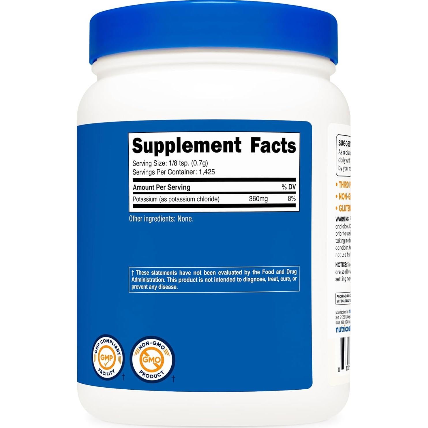 Cloruro de Potasio Nutricost 1kg - Sin Gluten, No OGM