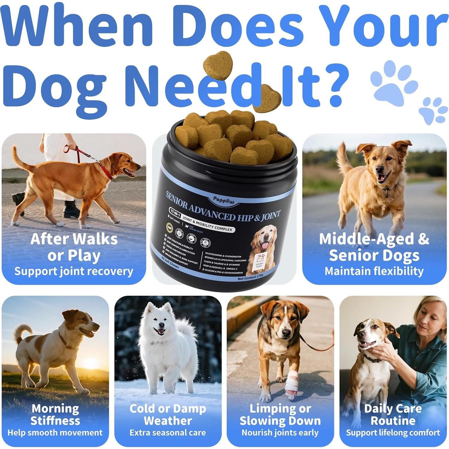 Suplemento Articular Avanzado POPPAW para Perros Senior 90Ct