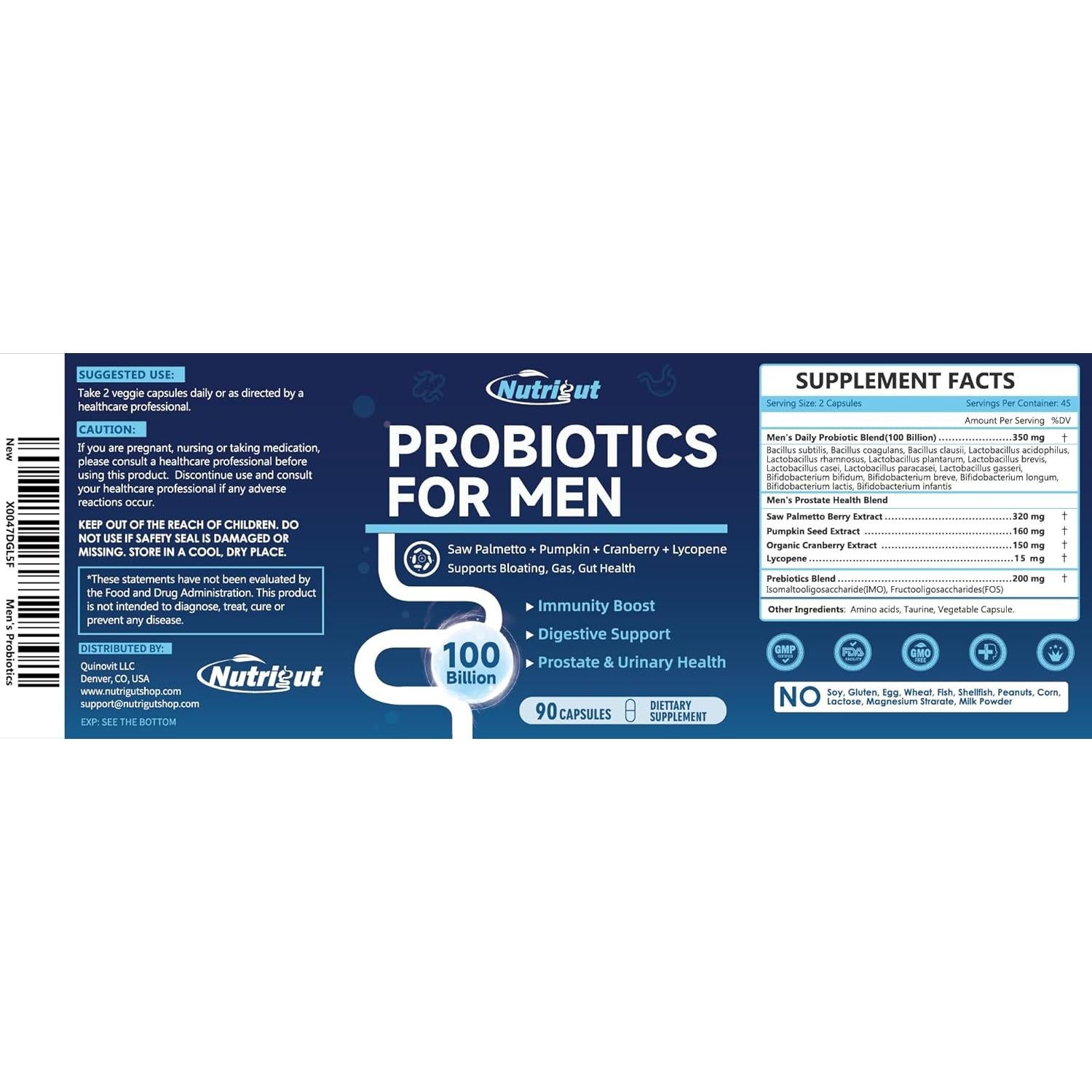 Probioticos NutriGut para Hombres 100 Mil Millones 90 Cápsulas