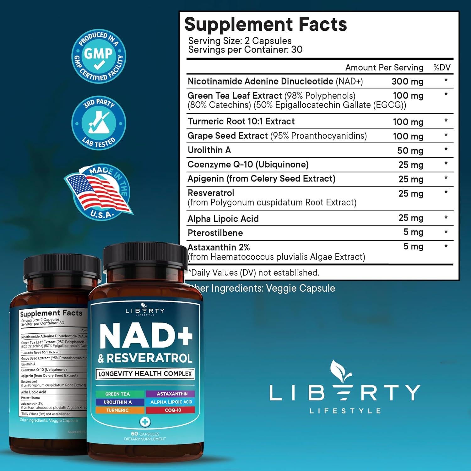 Suplemento NAD+ 300 mg Liberty Lifestyle - 60 Cápsulas Veganas