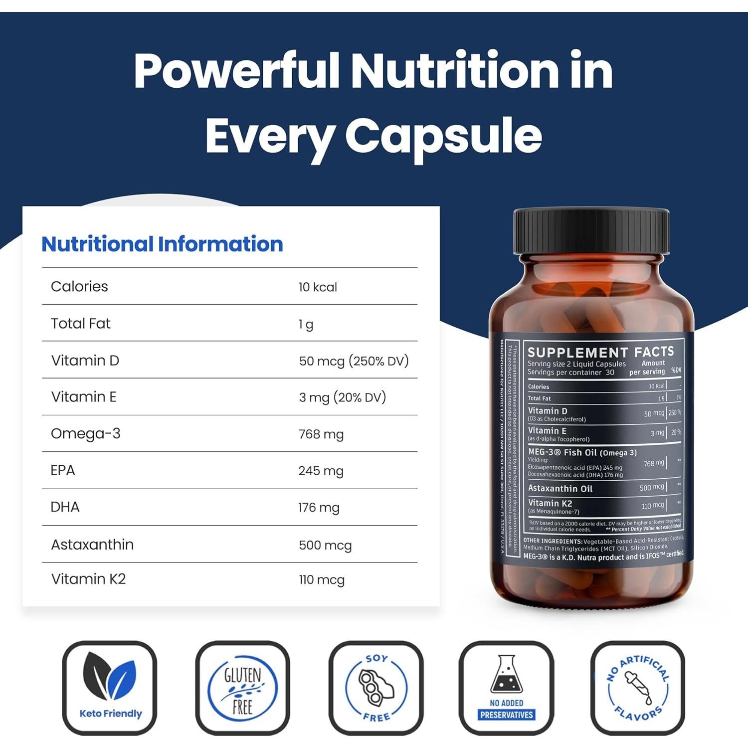 Nutri11 Omega-3 con Vitamina D3, K2 y Astaxantina - 60 Cápsulas