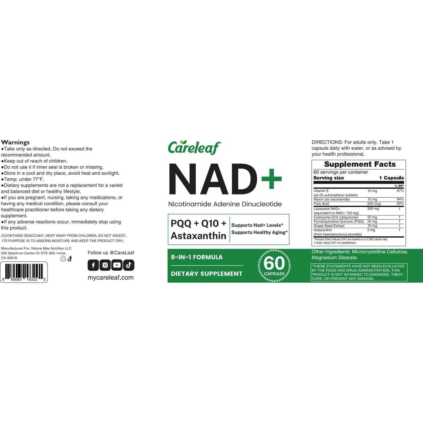 Suplemento Antienvejecimiento NAD+ 300mg Careleaf - 60 Cápsulas