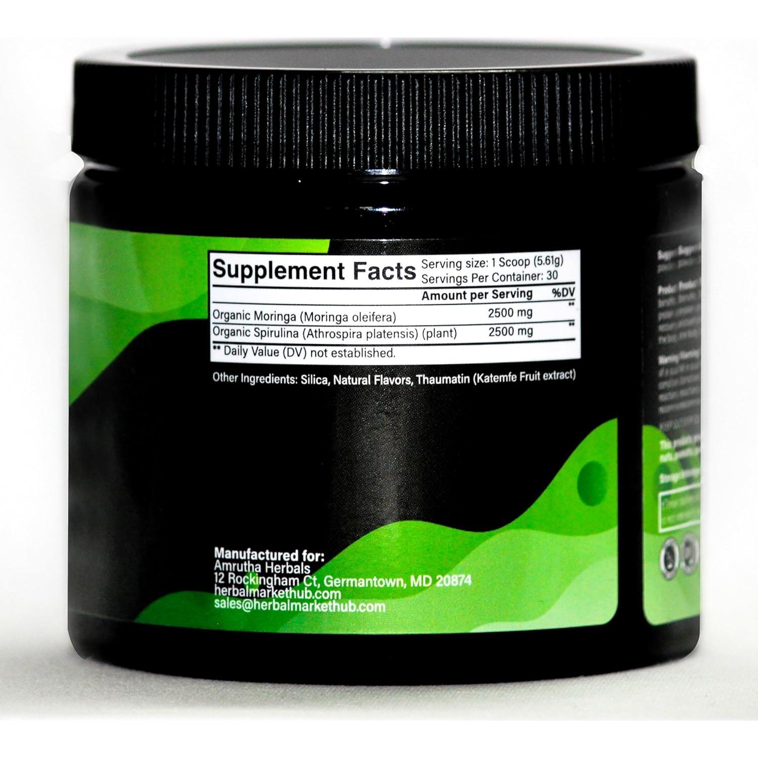 Polvo de Espirulina Orgánica + Moringa Amrutha Herbals 30 Porciones