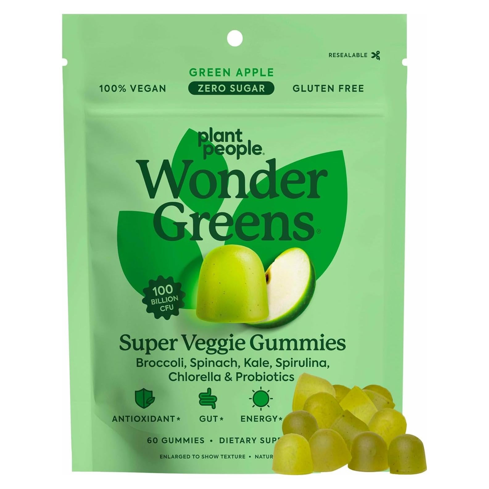 Gomitas de Verdura Plant People WonderGreens 60 Conteo Sabor Manzana