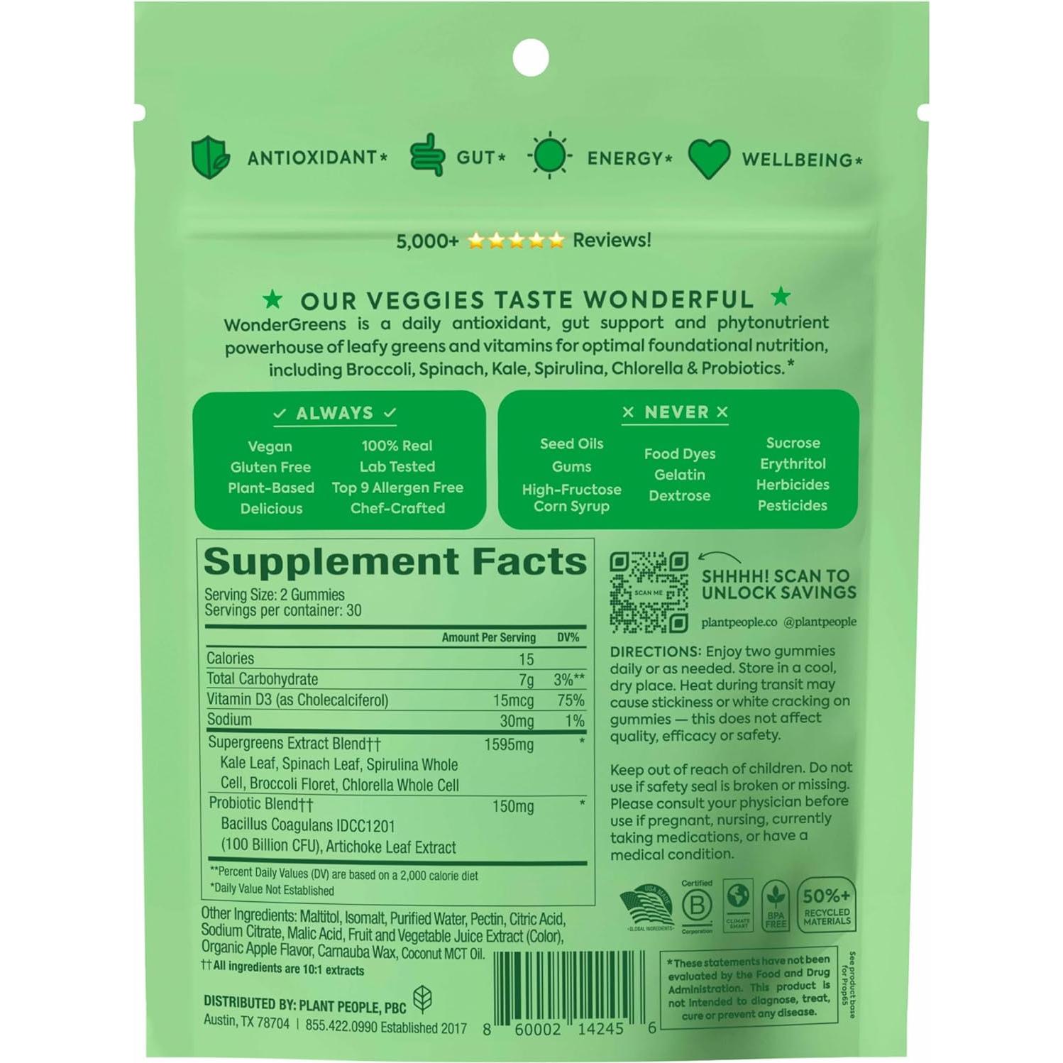 Gomitas de Verdura Plant People WonderGreens 60 Conteo Sabor Manzana