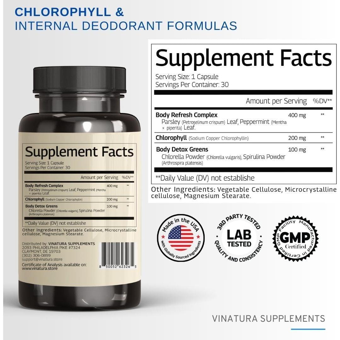Suplemento Desodorante Corporal VINATURA - 30 Cápsulas de Clorofila
