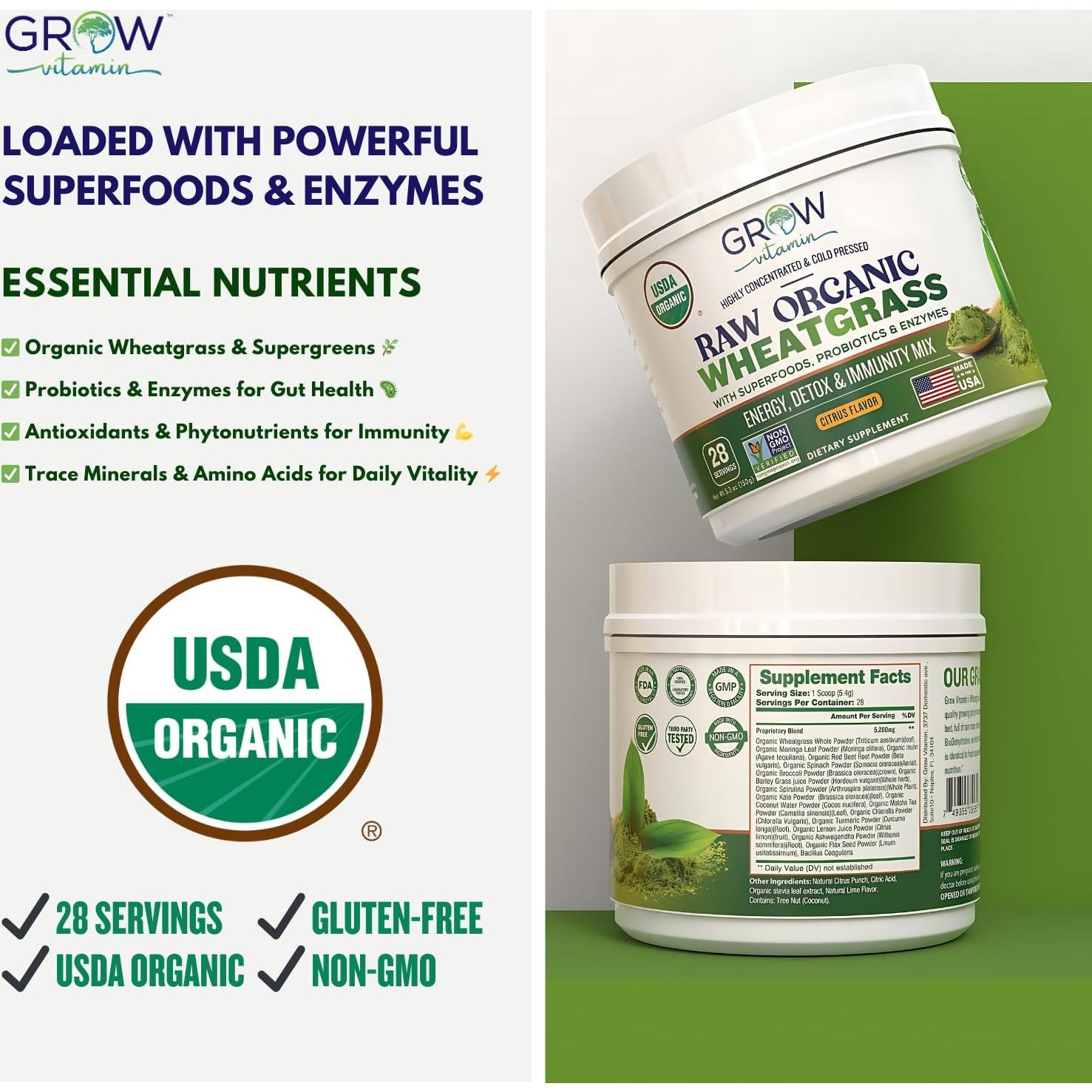 Polvo de Jugo de Pasto de Trigo Orgánico Grow Vitamin - 28 Porciones