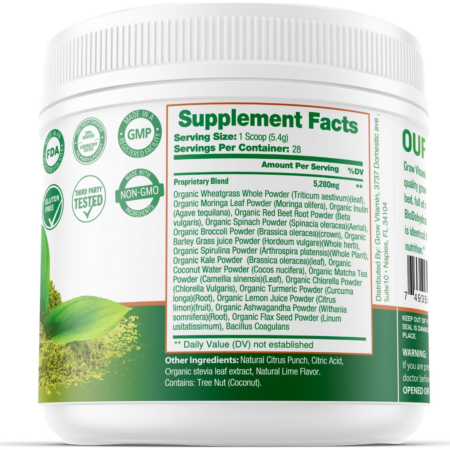 Polvo de Jugo de Pasto de Trigo Orgánico Grow Vitamin - 28 Porciones