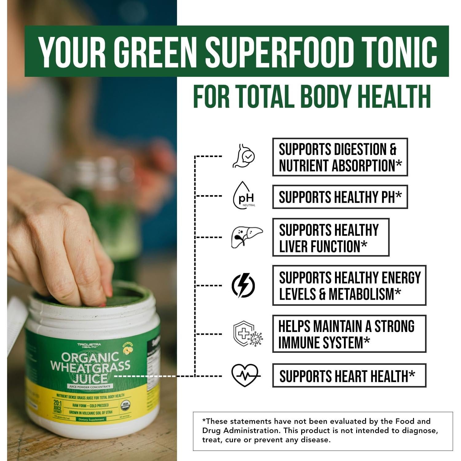 Polvo de Jugo de Pasto de Trigo Orgánico Triquetra 176.4 g Limón