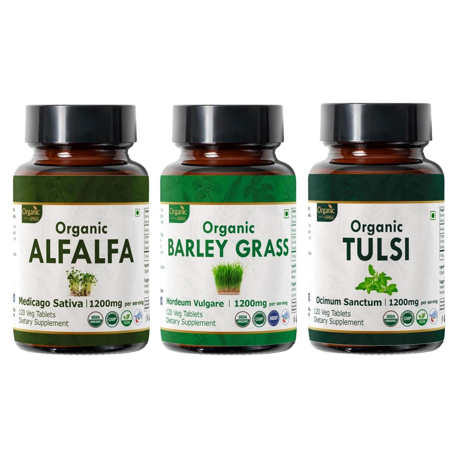 Suplemento Orgánico de Alfalfa, Cebada y Tulsi - 120 Tabletas