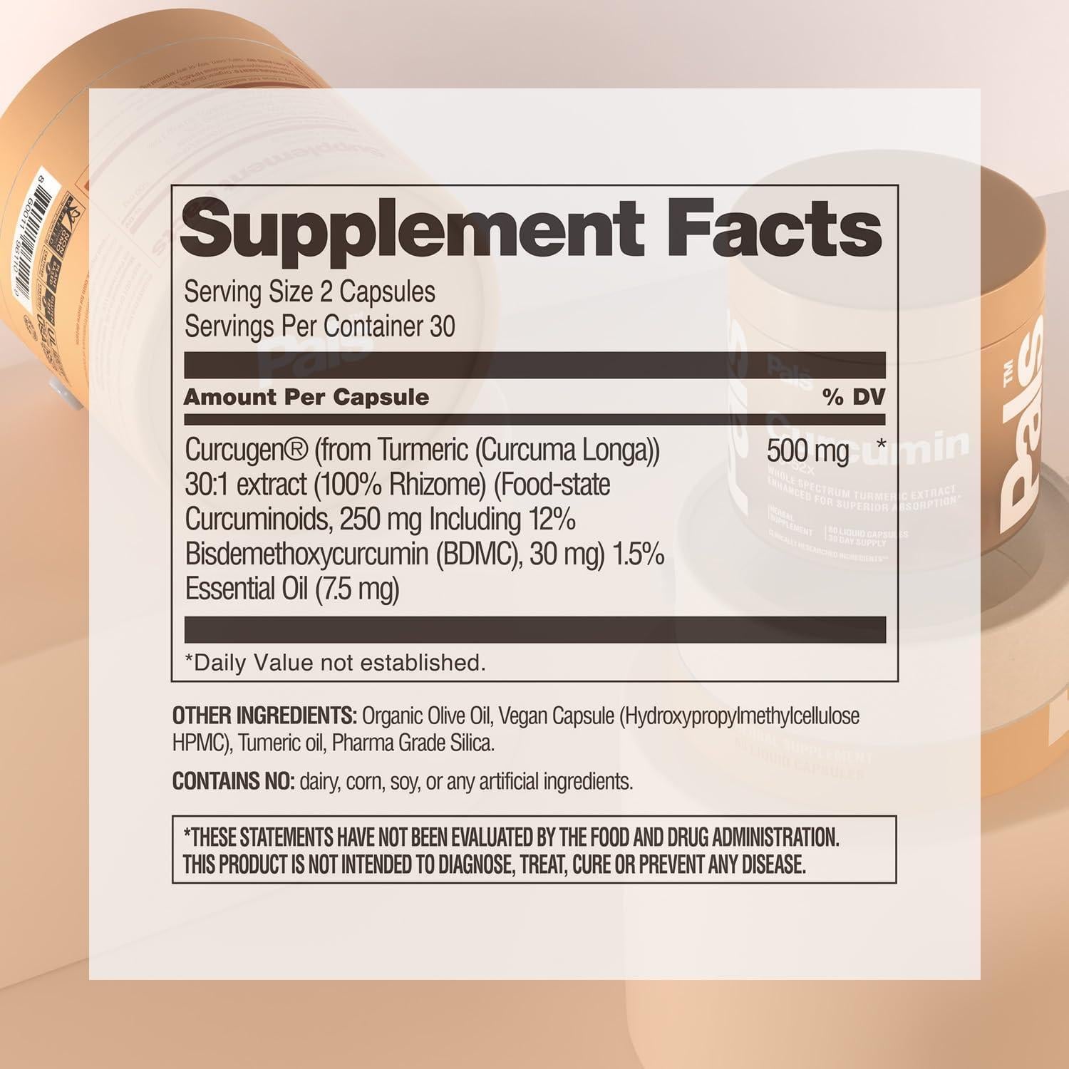 Suplemento de Cúrcuma Curcumina 500mg Bio-52x Vegano 30 Días