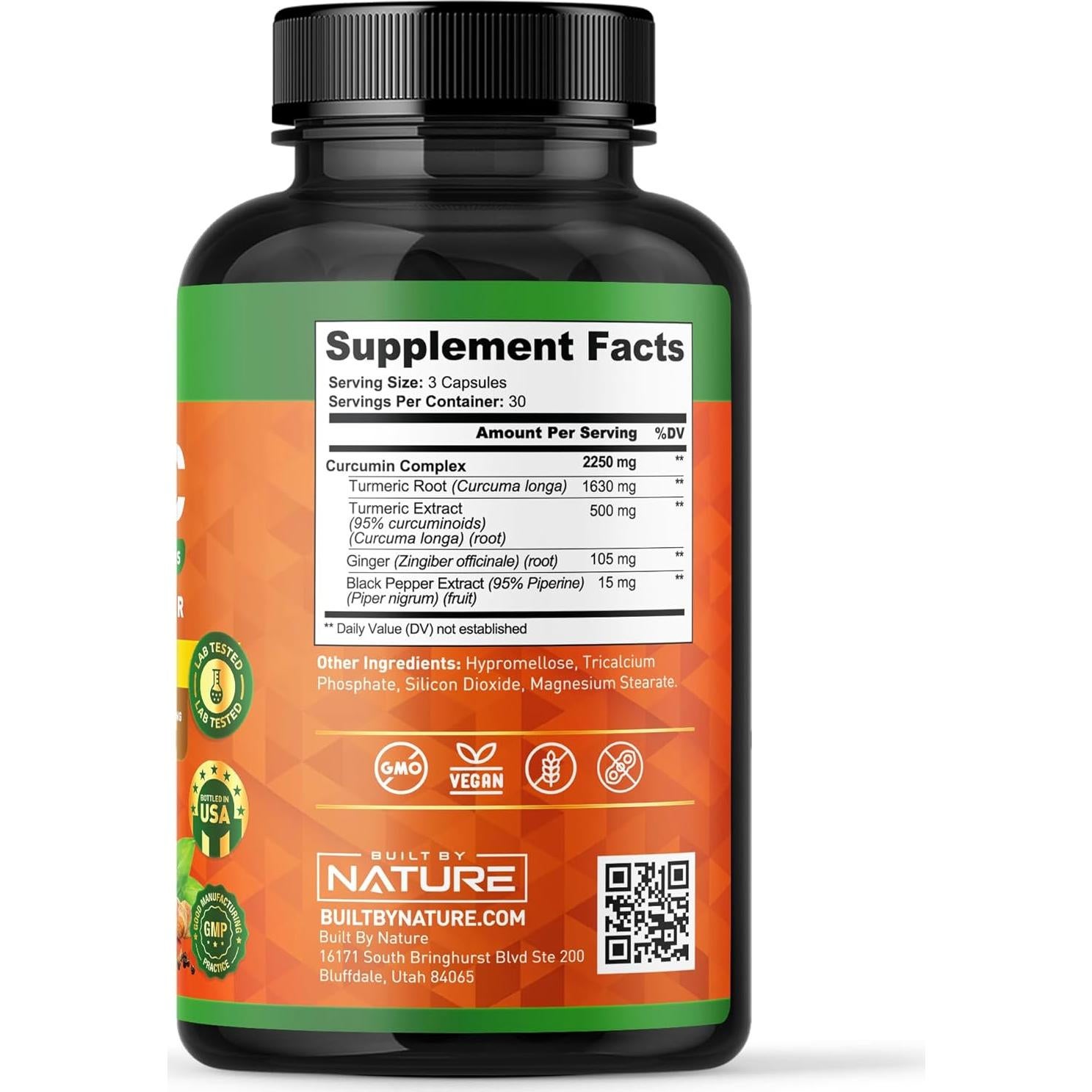 Cápsulas de Cúrcuma Curcumina 2250mg Construido por Naturaleza - Soporte Articular Vegano 90 Unidades