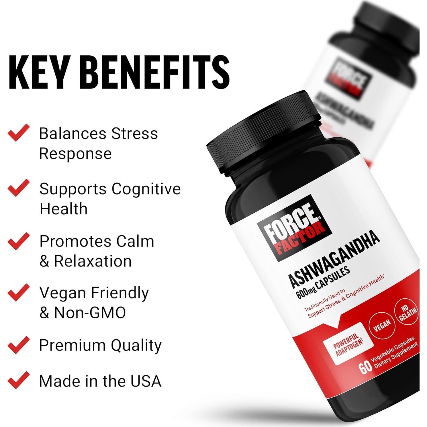 Suplemento de Ashwagandha Force Factor 600mg Vegano 60 Cápsulas