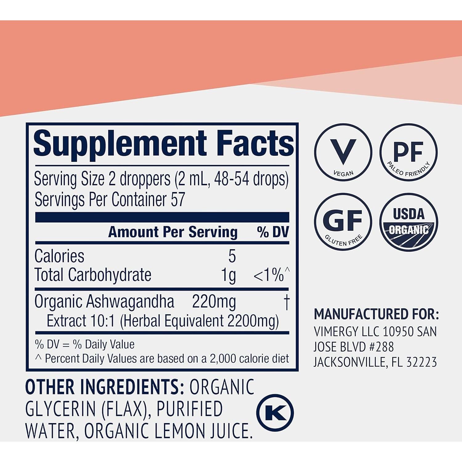 Extracto Líquido de Ashwagandha VIMERGY 115 ml - Vegano y Orgánico