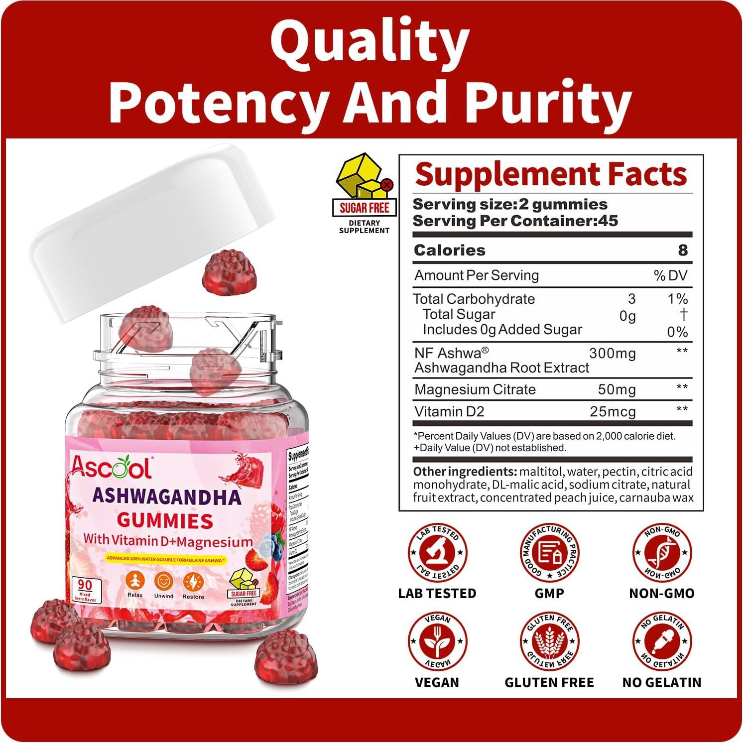 Gomitas Veganas de Ashwagandha Ascool 90 Unidades Sin Azúcar