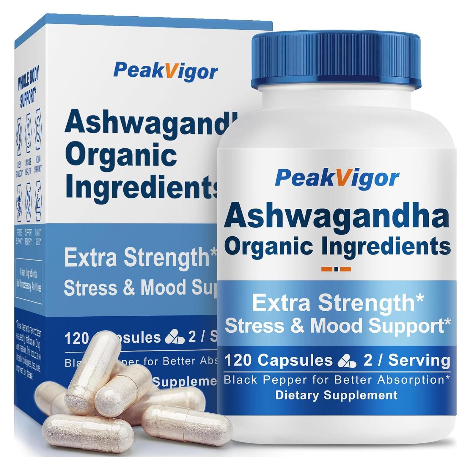 Cápsulas de Ashwagandha Orgánica PeakVigor 7000mg 120 Unidades